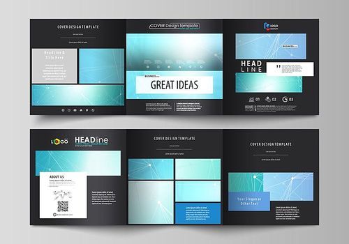 Set of business templates for tri fold square design brochures. Leaflet cover, abstract flat layout, easy editable vector. Chemistry pattern, connecting lines and dots, molecule structure, medical DNA research. Medicine concept.
