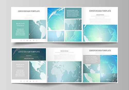 The abstract minimalistic vector illustration of the editable layout. Two creative covers design templates for square brochure. Chemistry pattern, molecule structure, geometric design background