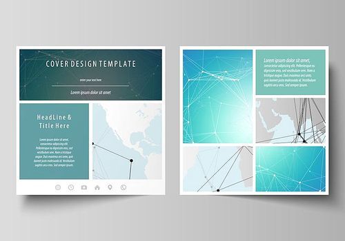 The minimalistic vector illustration of the editable layout of two square format covers design templates for brochure, flyer, booklet. Futuristic high tech background, dig data technology concept