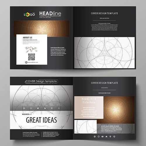Business templates for square design bi fold brochure, magazine, flyer, booklet or annual report. Leaflet cover, abstract flat layout, easy editable vector. Alchemical theme. Fractal art background. Sacred geometry. Mysterious relaxation pattern.