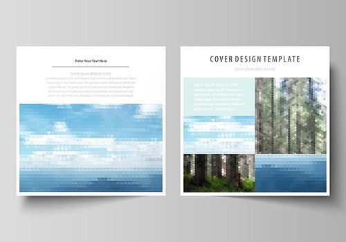 Business templates for square design brochure, magazine, flyer, booklet or annual report. Leaflet cover, abstract flat layout, easy editable vector. Colorful background made of triangular or hexagonal texture for travel business, natural landscape in polygonal style.