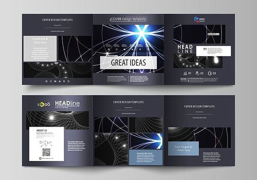 Set of business templates for tri fold square design brochures. Leaflet cover, abstract flat layout, easy editable vector. Sacred geometry, glowing geometrical ornament. Mystical background