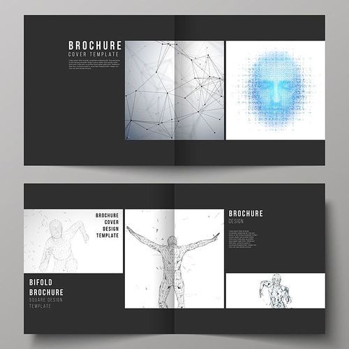 Black colored vector of editable layout of two covers templates for square design bifold brochure, magazine, flyer, booklet. Artificial intelligence concept. Futuristic science vector illustration