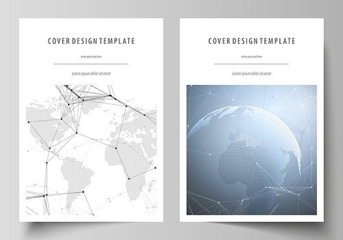 The vector illustration of the editable layout of A4 format covers design templates for brochure, magazine, flyer, booklet, report. World globe on blue. Global network connections, lines and dots