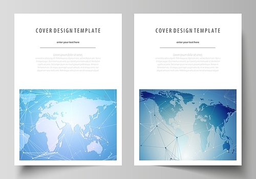 The vector illustration of the editable layout of A4 format covers design templates for brochure, magazine, flyer, booklet, report. World map on blue, geometric technology design, polygonal texture