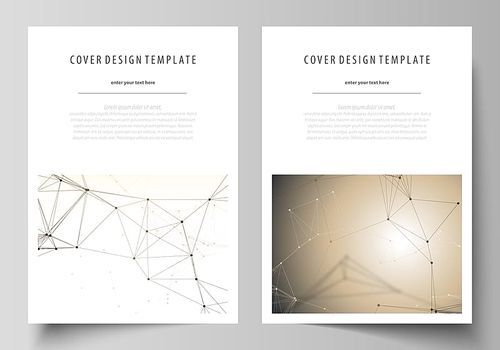 Business templates for brochure, magazine, flyer, booklet or annual report. Cover design template, easy editable vector, abstract flat layout in A4 size. Technology, science, medical concept. Golden dots and lines, cybernetic digital style. Lines plexus.