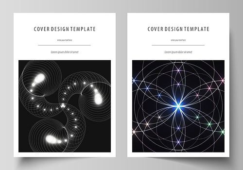 Business templates for brochure, magazine, flyer, booklet or annual report. Cover design template, easy editable vector, abstract flat layout in A4 size. Sacred geometry, glowing geometrical ornament. Mystical background.
