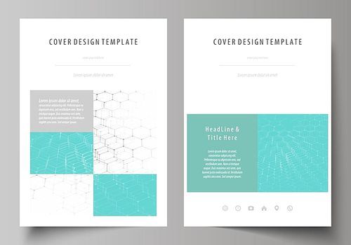 Business templates for brochure, magazine, flyer, booklet or annual report. Cover design template, easy editable vector, abstract flat layout in A4 size. Chemistry pattern, hexagonal molecule structure on blue. Medicine, science and technology concept.