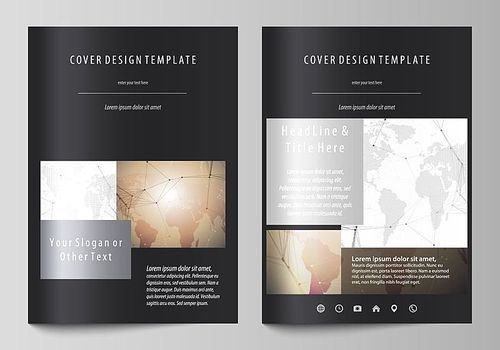 The black colored vector illustration of the editable layout of A4 format covers design templates for brochure, magazine, flyer, booklet. Global network connections, technology background with world map.