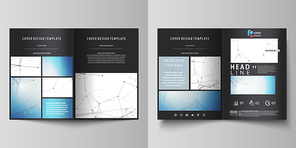 Business templates for bi fold brochure, magazine, flyer, booklet or annual report. Cover design template, easy editable vector, abstract flat layout in A4 size. Geometric blue color background, molecule structure, science concept. Connected lines and dots.