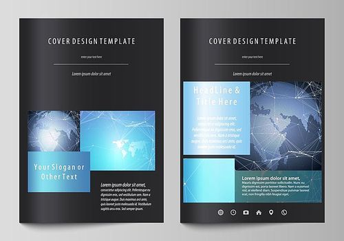 The black colored vector illustration of the editable layout of A4 format covers design templates for brochure, magazine, flyer, booklet. Abstract global design. Chemistry pattern, molecule structure