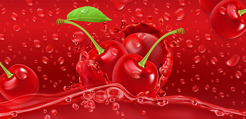 Drops. Cherry juicy. 3d realistic vector