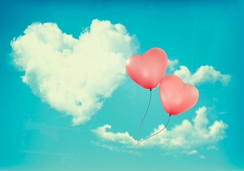 Retro Holiday background with heart shaped cloud on blue sky and red balloons. Valentine's Day. Vector illustration