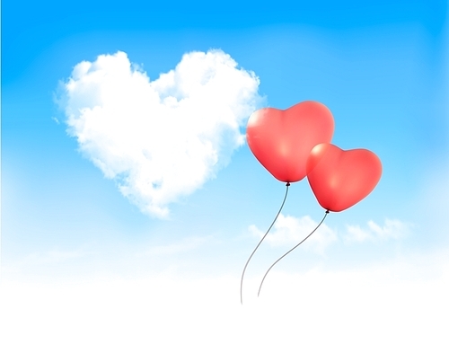 Holiday background with heart shape of cloud on blue sky and red ballons. Valentine's Day. Vector illustration