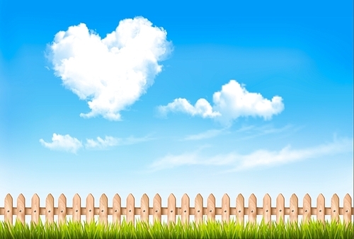 Retro nature background with blue sky with hearts shape clouds. Vector illustration