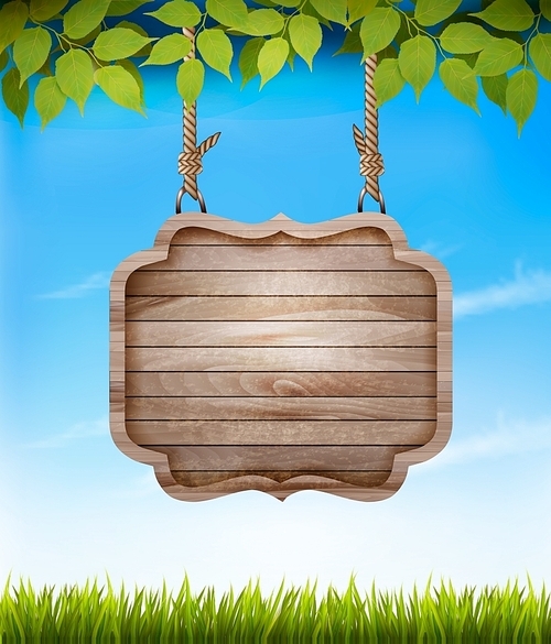 Natural background with leaves and a wooden sign. Vector.