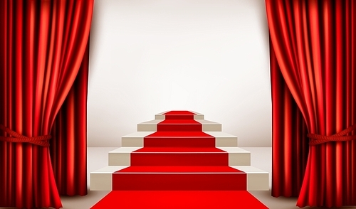 Showroom with red carpet leading to a podium with curtains. Vector
