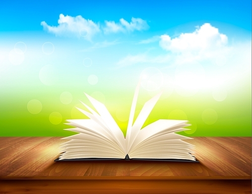 Open book on a wooden deck with green and blue backdrop. Vector.