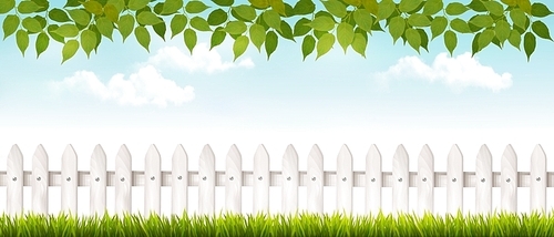 Long white fence banner with grass and fence. Vector.