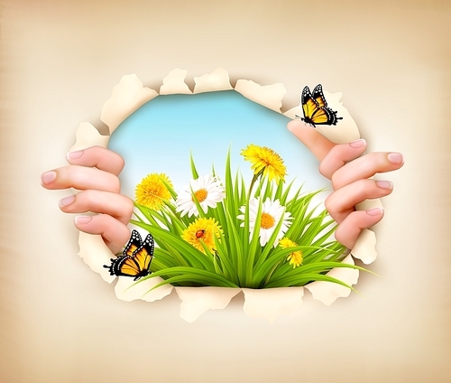Spring background with hands, ripping paper to show a landscape. Vector.