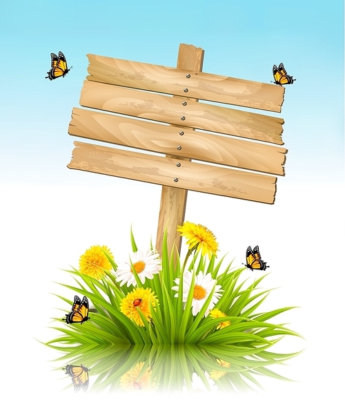 Summer nature background with grass, flowers and wooden sign. Vector.
