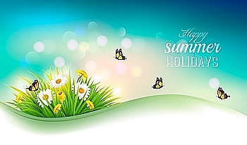 Happy summer holidays background with flowers, grass and butterflies. Vector
