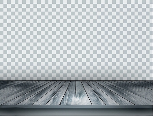 Gray scale background with wooden floor and a transparent back wall. Vector.