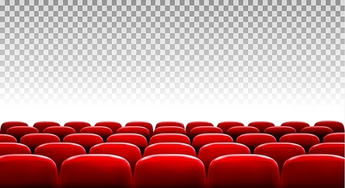 Rows of red cinema or theater seats in front of transparent background. Vector