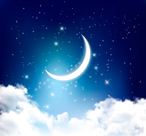 Night sky background with with crescent moon, clouds and stars. Vector