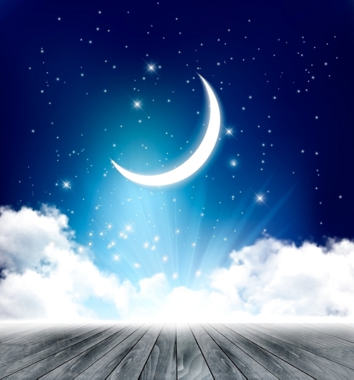 Night sky background with with crescent moon, clouds and stars. Vector