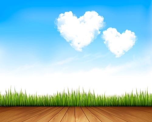 Blue sky with hearts shape clouds and wooden plank. Vector illustration