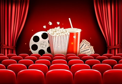 Cinema background with a film reel, popcorn, drink and tickets. Vector.