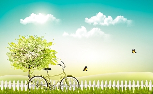 Spring nature meadow landscape with a bicycle. Vector.