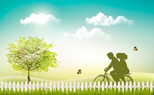 Spring nature meadow landscape with a bicycle and silhouette. Vector.