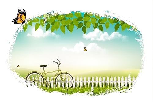 Spring nature meadow landscape with a bicycle. Vector.