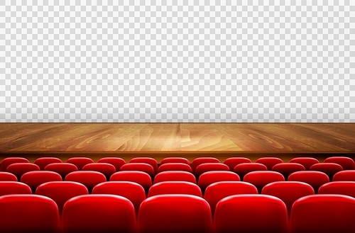 Rows of red cinema or theater seats in front of transparent background. Vector