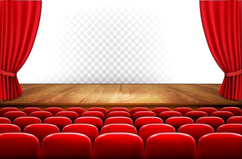 Rows of red cinema or theater seats in front of transparent background. Vector