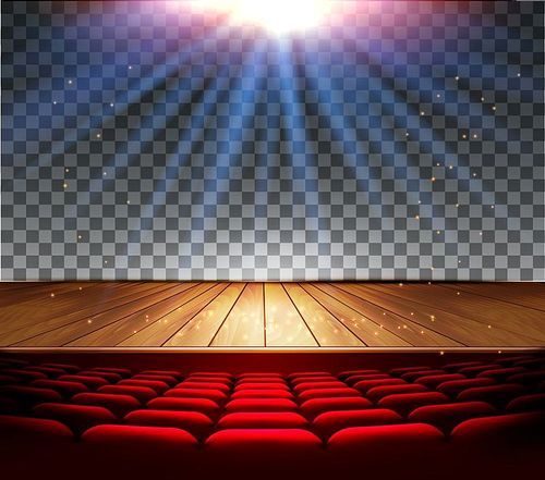 Theater wooden stage with a spotlight on a transparent background. Vector.