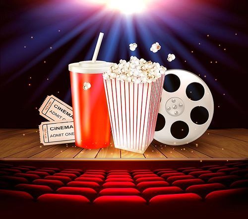 Cinema supplies on a wooden stage - drink, popcorn, tickets. Vector.