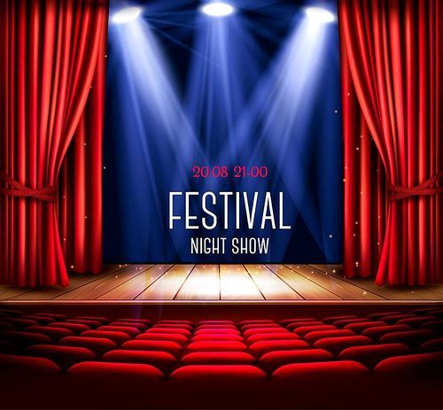 Background with a red curtain and a spotlight. Festival night show poster. Vector.