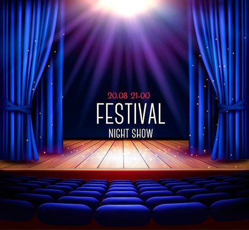 A theater stage with a blue curtain and a spotlight. Festival night show poster. Vector.