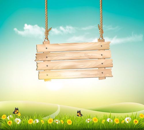 Summer nature background with green landscape and wooden sign. Vector