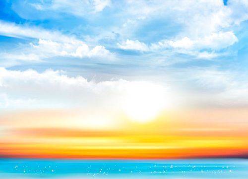 Sunset sky background with transparent clouds and sea. Vector illustration