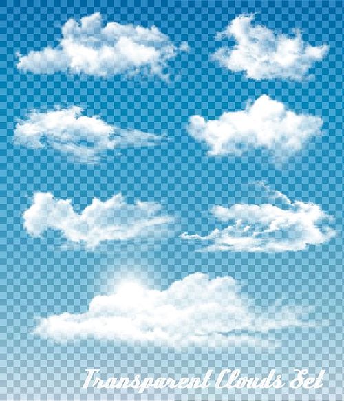 Set of white clouds on a transparent sky background. Vector.