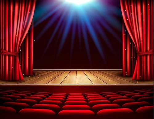 Festival night show poster. A theater stage with a red curtain and a spotlight. Vector.