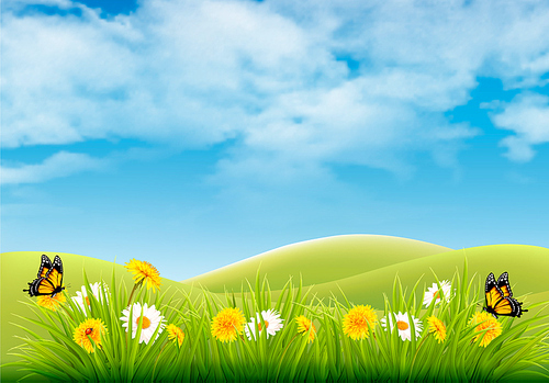 Spring nature landscape background with flowers and butterflies. Vector.