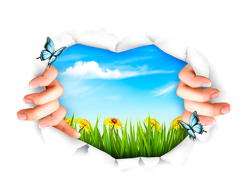 Nature background with hands ripping a paper. Vector