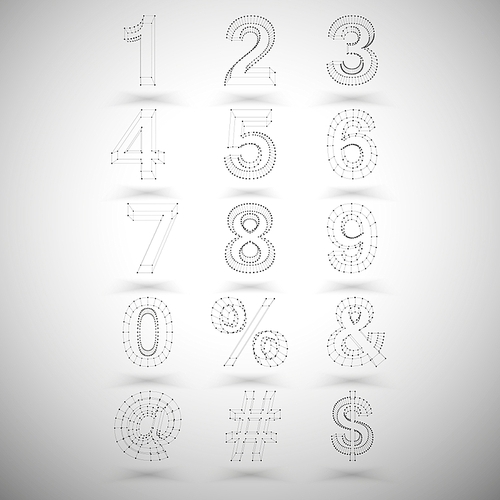Three dimensional mesh stylish numbers and other symbols on white background, single color clear vector.