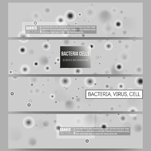 Set of modern vector banners. Molecular research, illustration of cells in gray, science vector background.