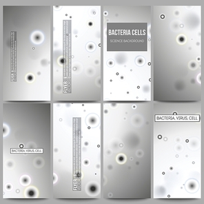 Set of modern vector flyers. Molecular research, illustration of cells in gray, science vector background.